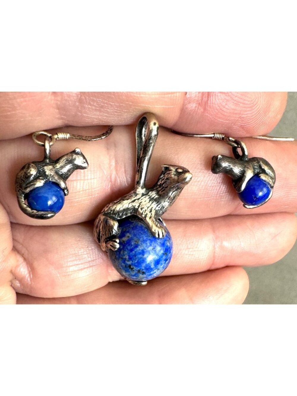 SEA River OTTER STERLING Silver + Blue LAPIS Globe Ball PENDANT + EARRINGS SET